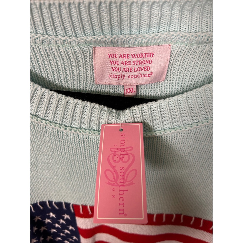 Simply Southern Womens American Flag Patch Knit Sweater Cotton XXL Light Blue - Picture 3 of 5